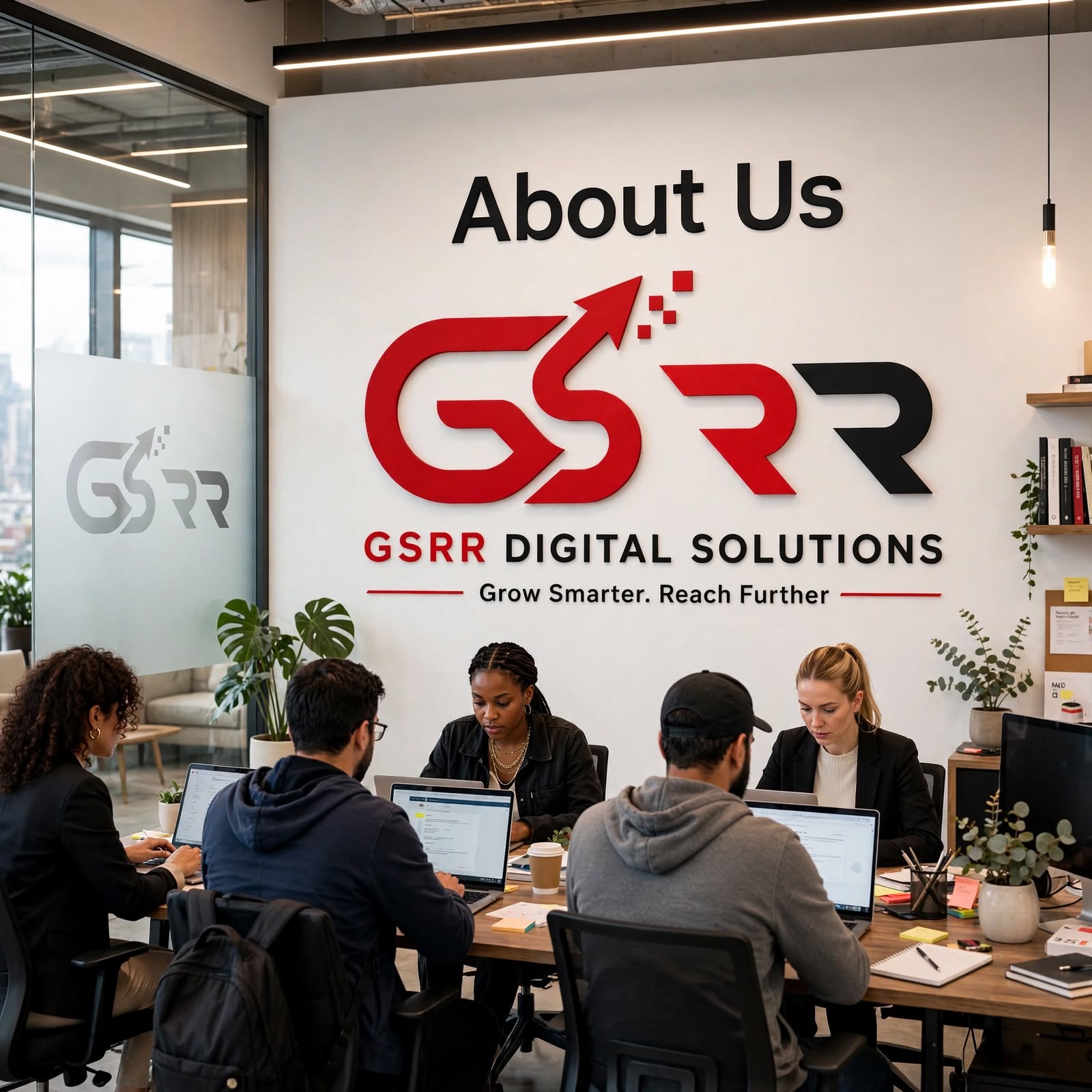 GSRR Digital Solutions team collaborating in the office beneath the GSRR logo GSRR Digital Solutions team collaborating in the office beneath the GSRR logo