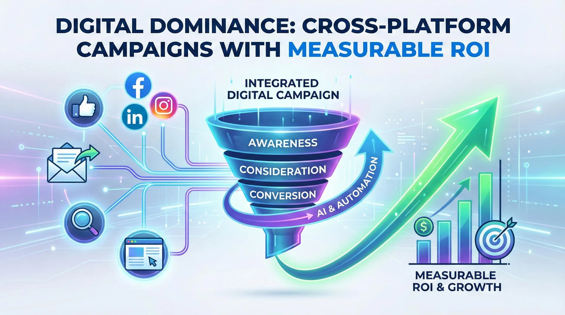 Integrated cross-platform digital marketing funnel covering awareness, consideration and conversion for measurable ROI and growth