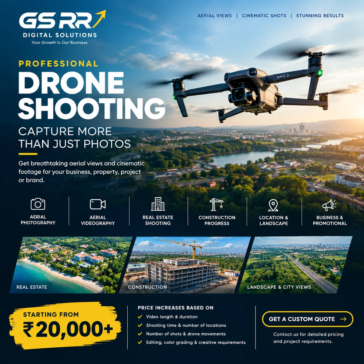 GSRR Digital Solutions professional drone shooting service — aerial photography, aerial videography, real estate, construction progress, location and business promotional shoots