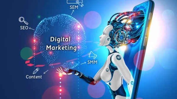 AI tools and automation for digital marketing, shown as a digital assistant connected to SEO, SEM, social media marketing and content icons