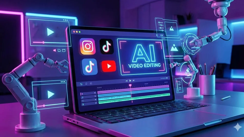 AI-powered video editing timeline for Instagram, TikTok and YouTube content on a laptop screen