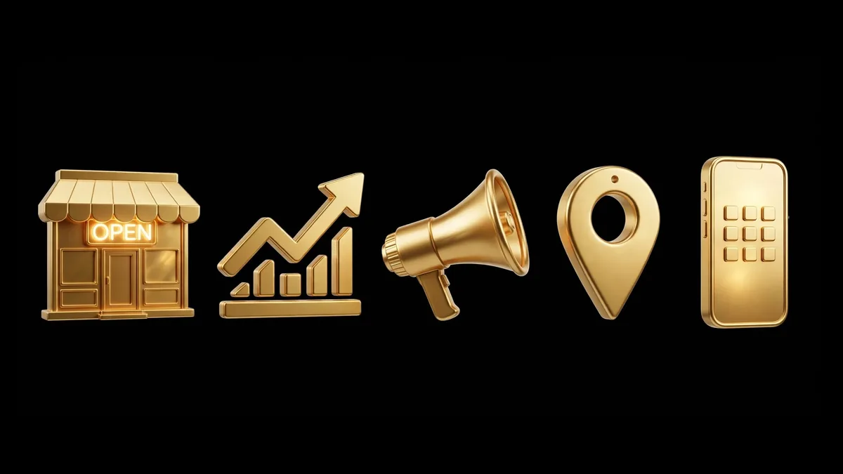 Gold icon set representing local business growth: storefront, analytics, promotion, location and mobile