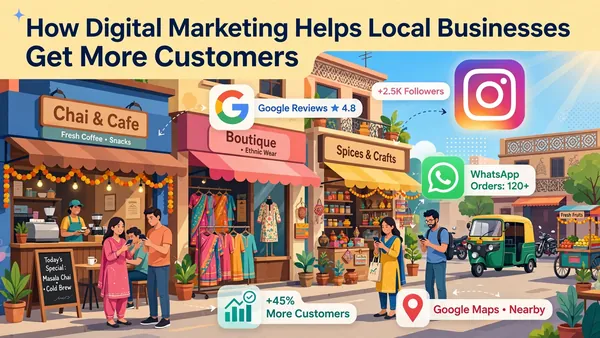 Illustration of local shops — a cafe, boutique and spice store — gaining Google reviews, Instagram followers and WhatsApp orders through digital marketing