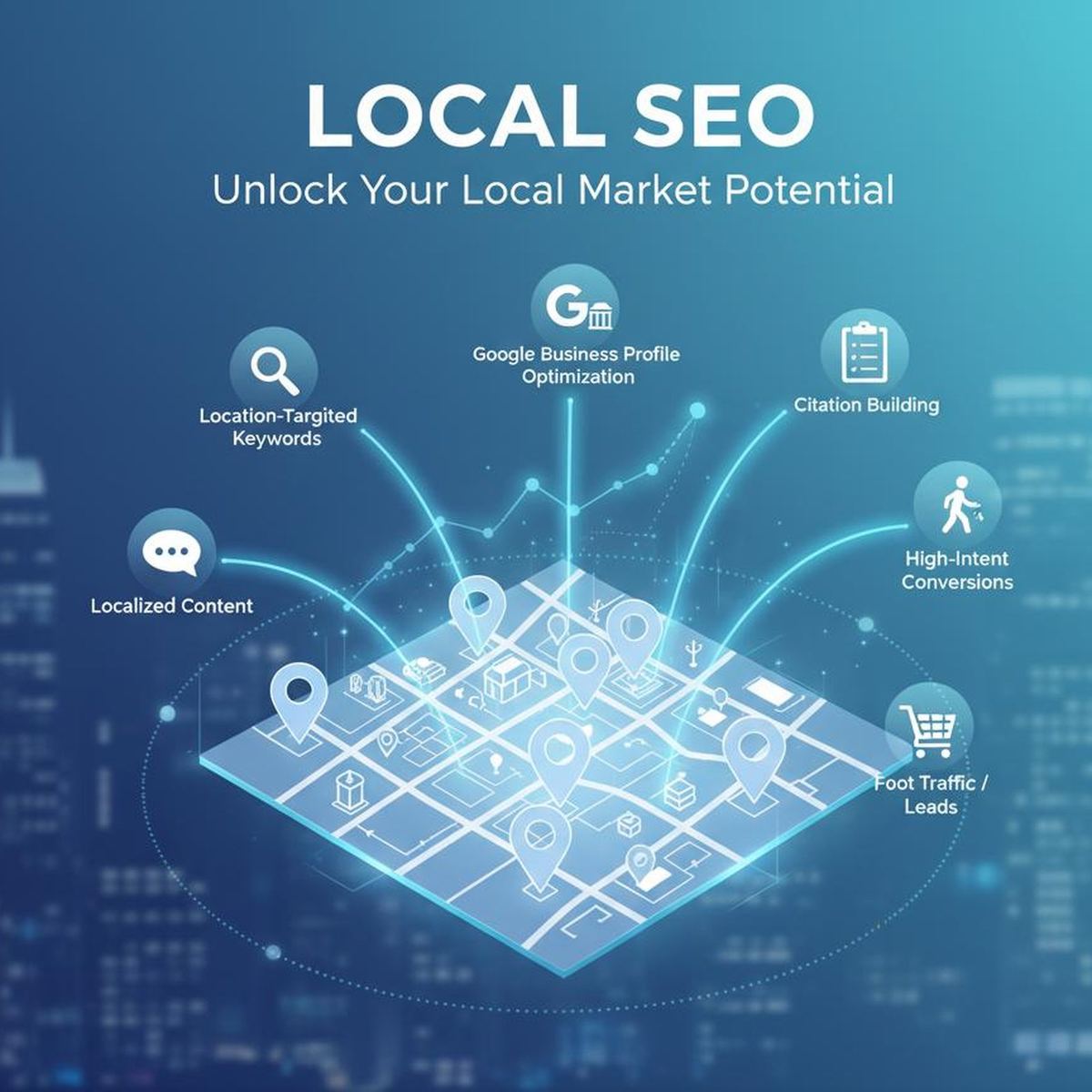 Local SEO map graphic highlighting Google Business Profile optimization and local search visibility Local SEO map graphic highlighting Google Business Profile optimization and local search visibility