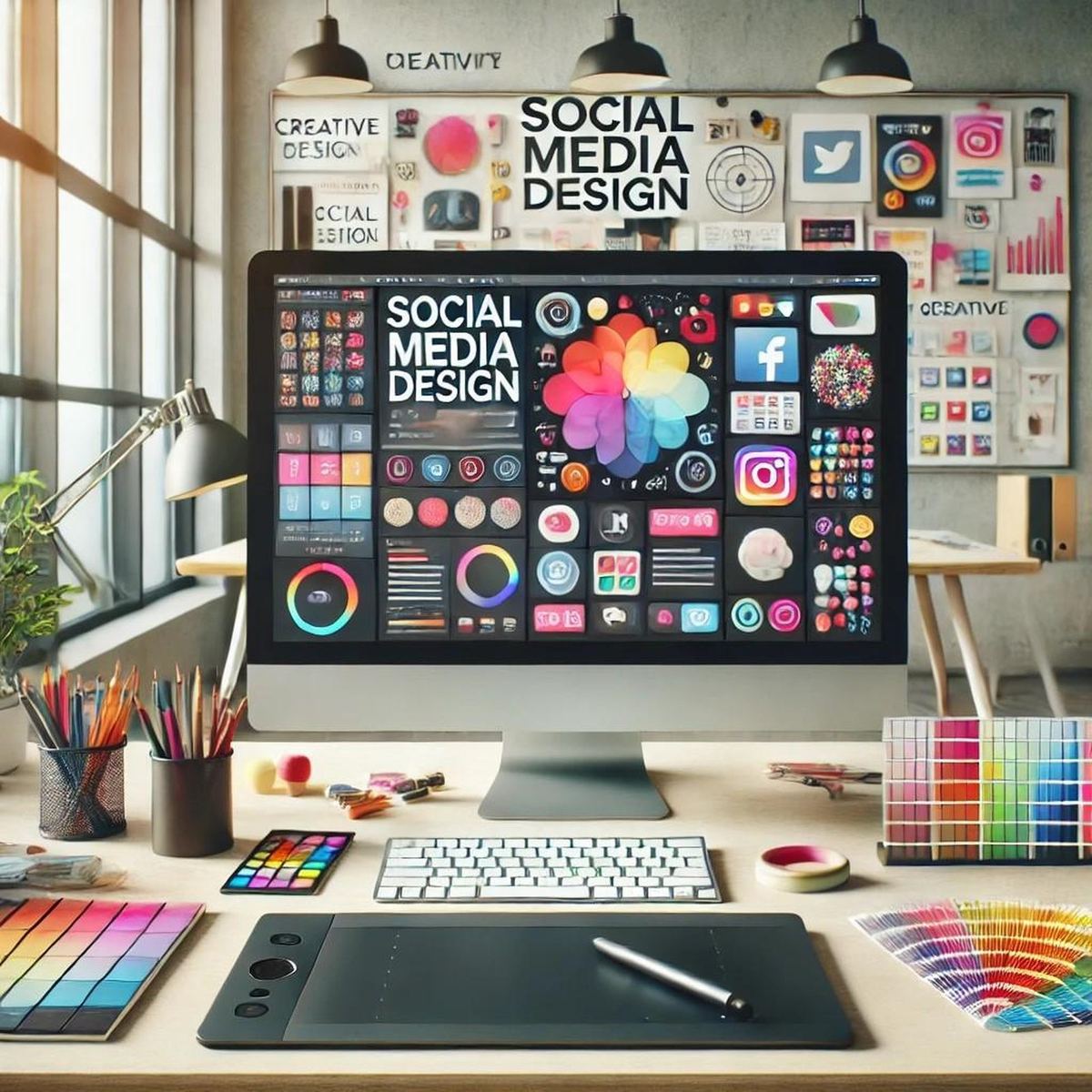 Creative workspace with color palettes and design tools for social media and poster graphics