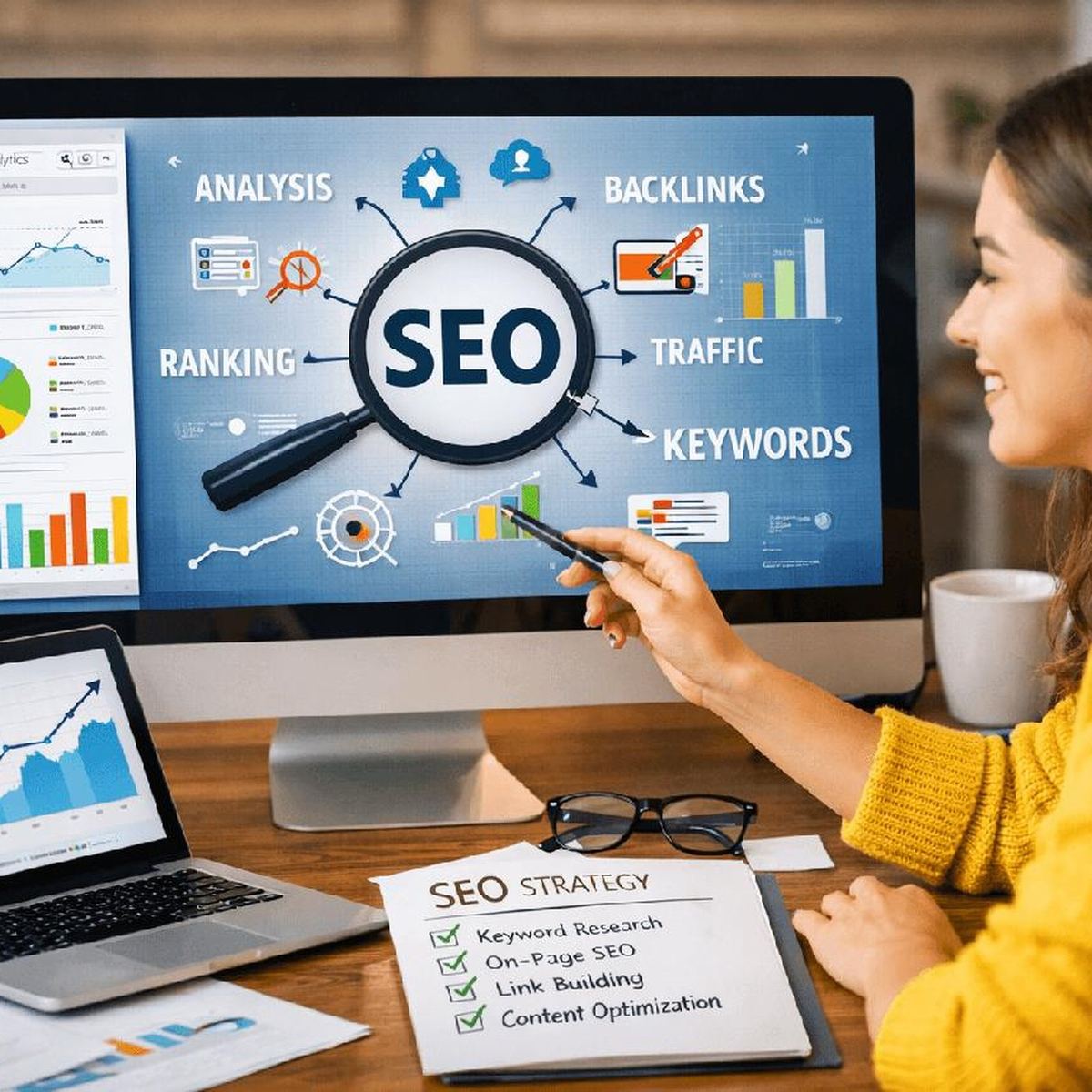 SEO analytics dashboard showing keyword rankings, backlinks and traffic growth