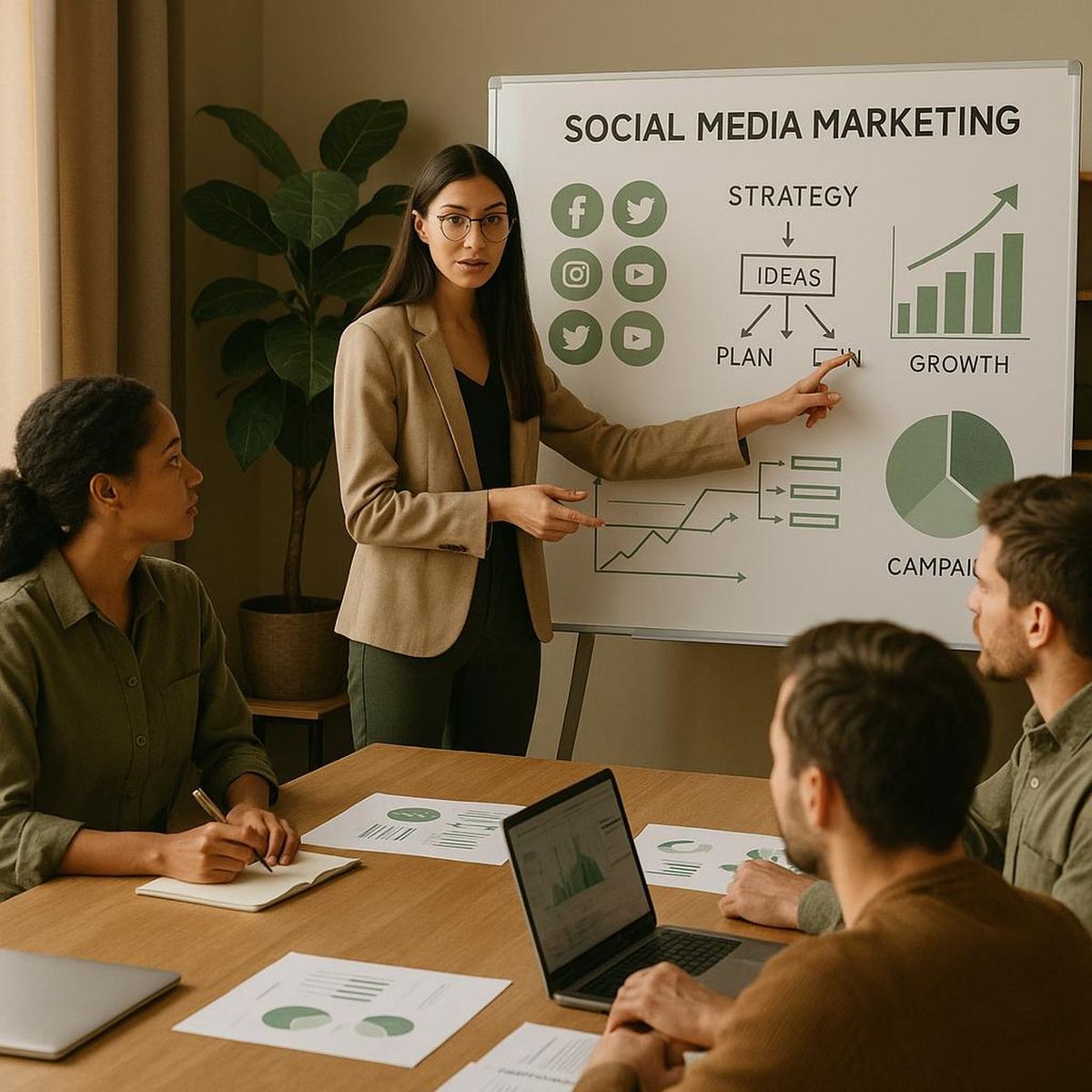 Marketing specialist presenting a social media marketing strategy and campaign growth chart to a team