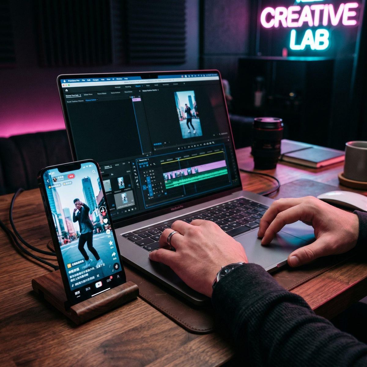 Video editing timeline with reels content being edited on a laptop