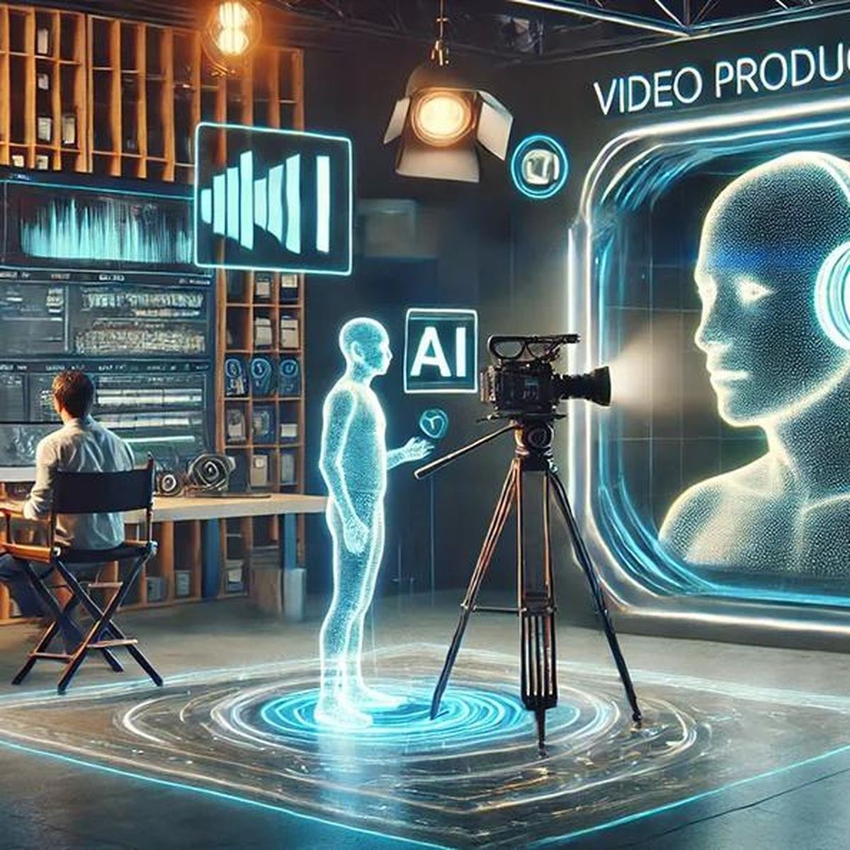 AI-assisted video production setup with a camera and digital avatar